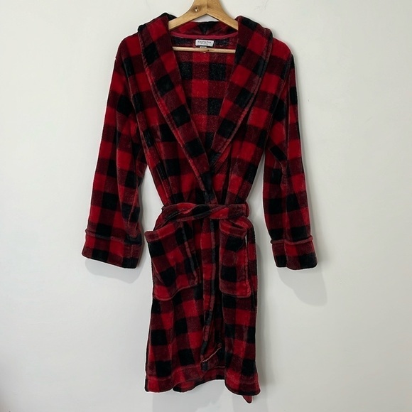Kid's Large Plush Robe Buffalo Plaid Bathrobe Red Black Check Belted Unisex - Picture 2 of 11